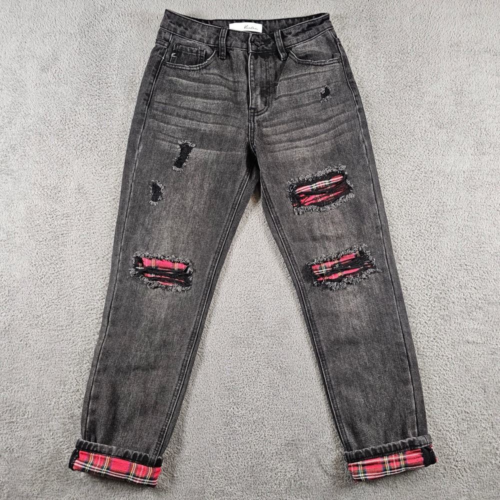 KanCan Black Distressed Plaid Lined Jeans High Rise Grunge Juniors Size 3/25
